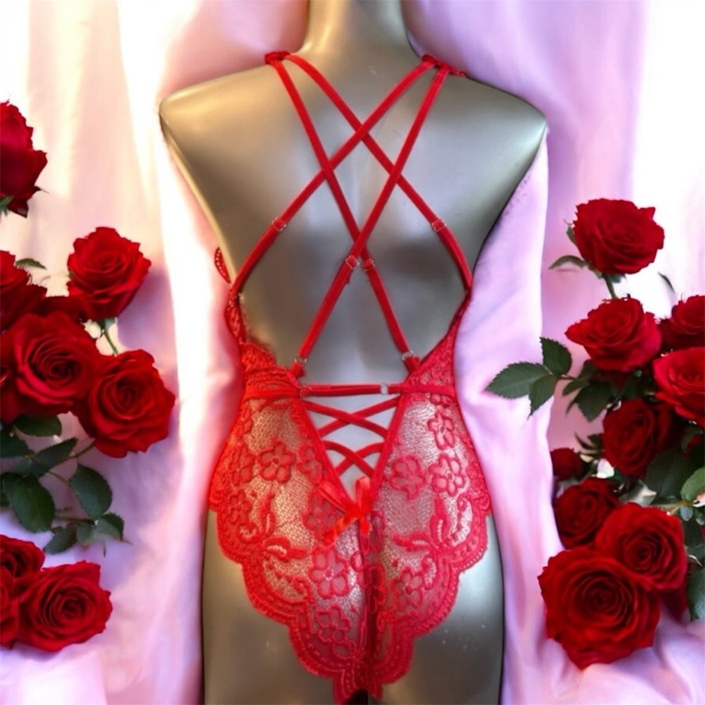 2 for $30 | Elegant Red Lace Chemise Bodysuit with Strappy Back